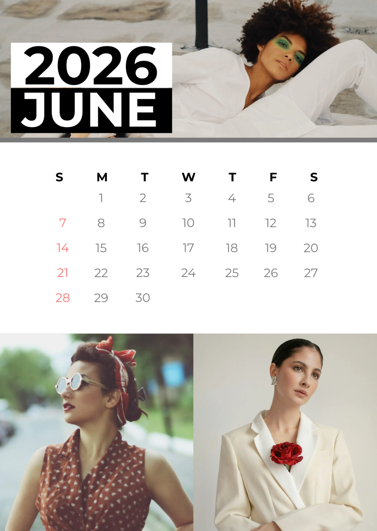 Free June 2026 Portrait Calendar Template to Edit Online
