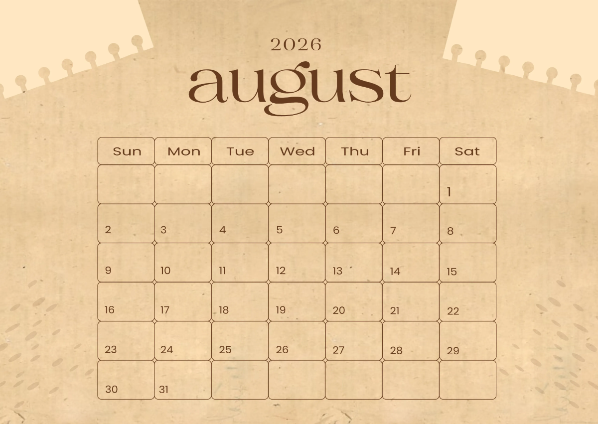 Free Rustic August 2026 Calendar Template to Edit Online
