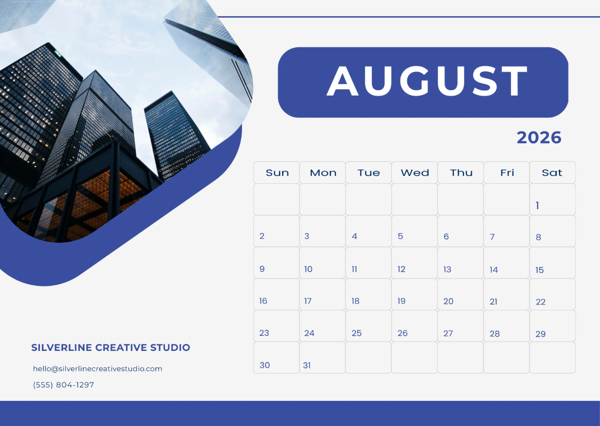 Free Professional August 2026 Desk Calendar Template to Edit Online