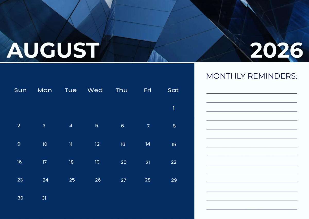 Free August 2026 Calendar with Reminders Template to Edit Online