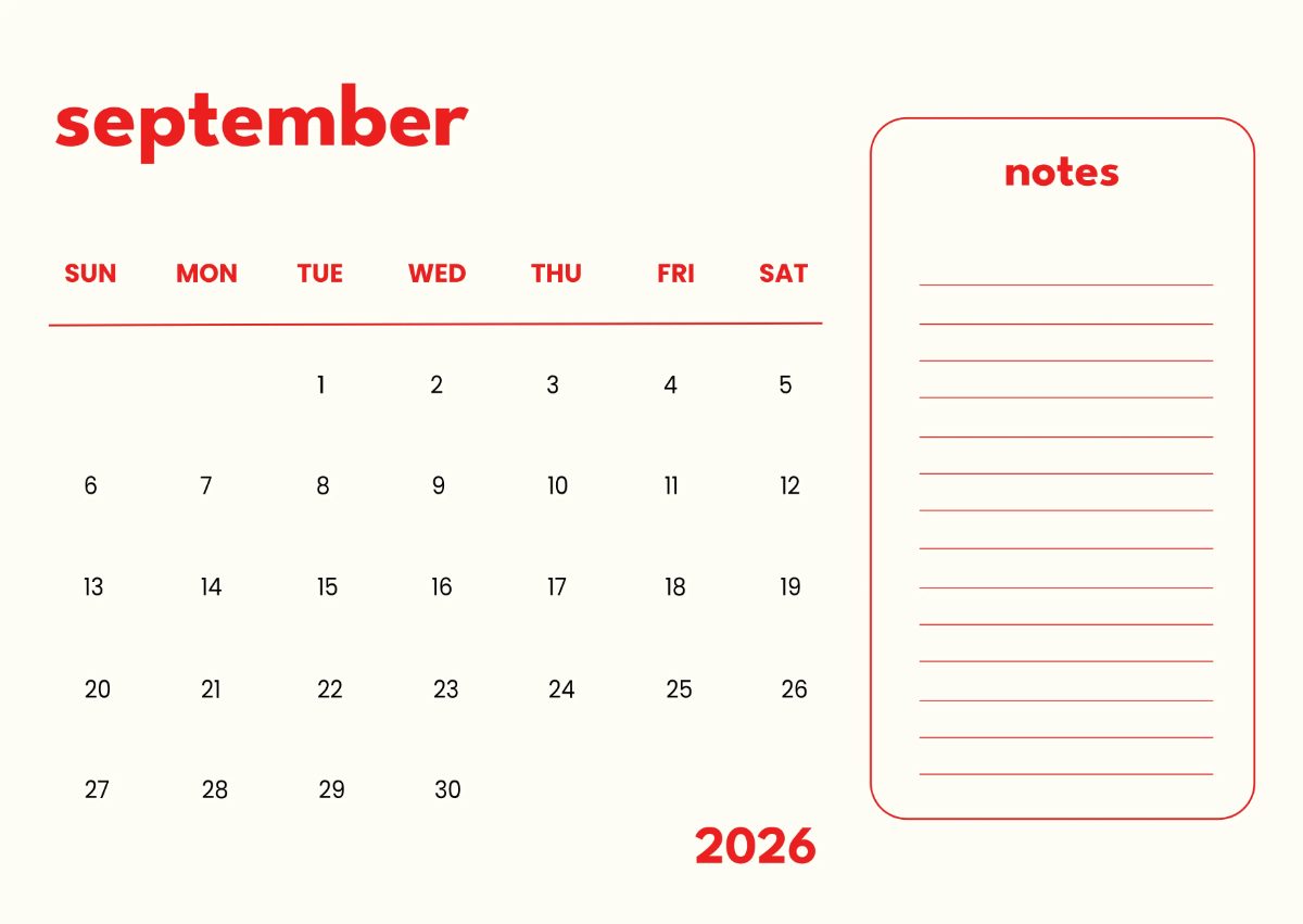 Free September 2026 Calendar with Notes Template to Edit Online