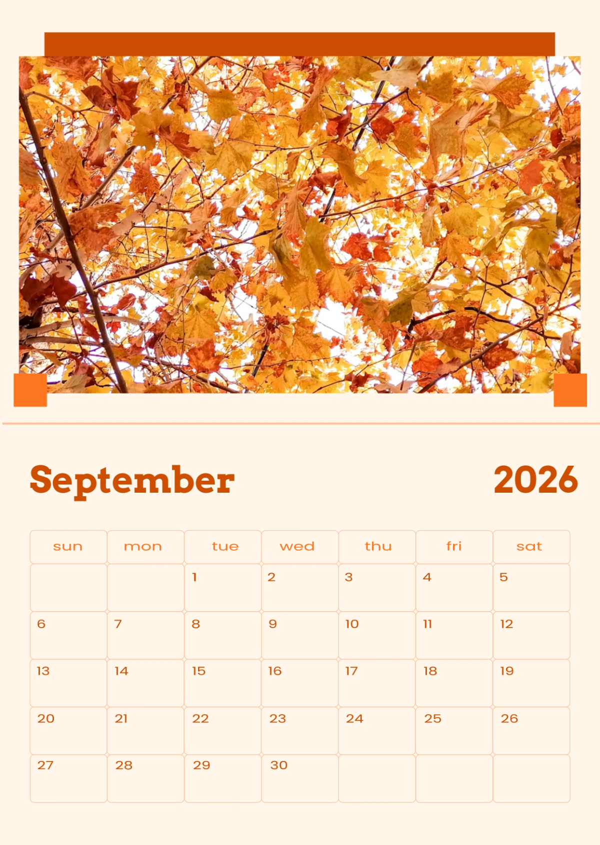 Free September 2026 Autumn Calendar Template to Edit Online