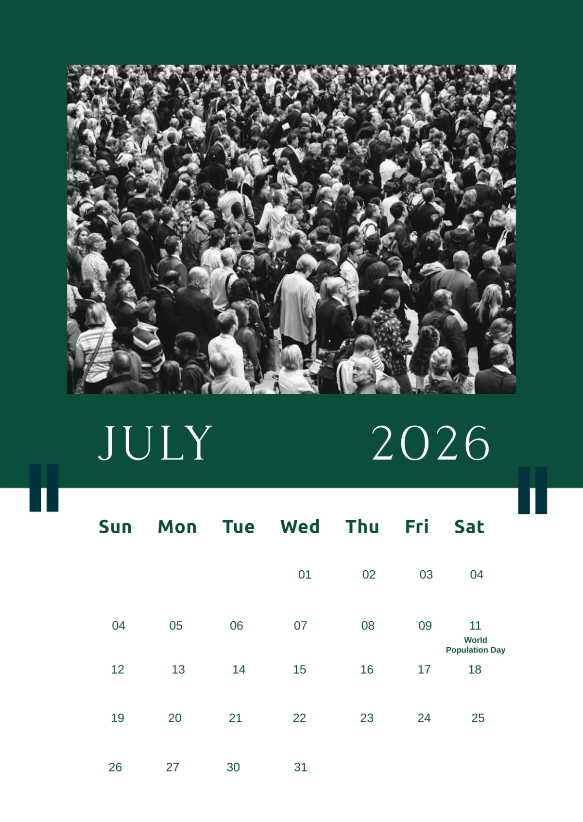 Free July 2026 Population Calendar Template to Edit Online