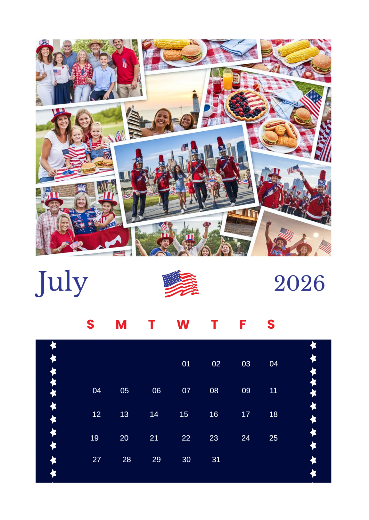 Free July 2026 Independence Theme Calendar Template to Edit Online
