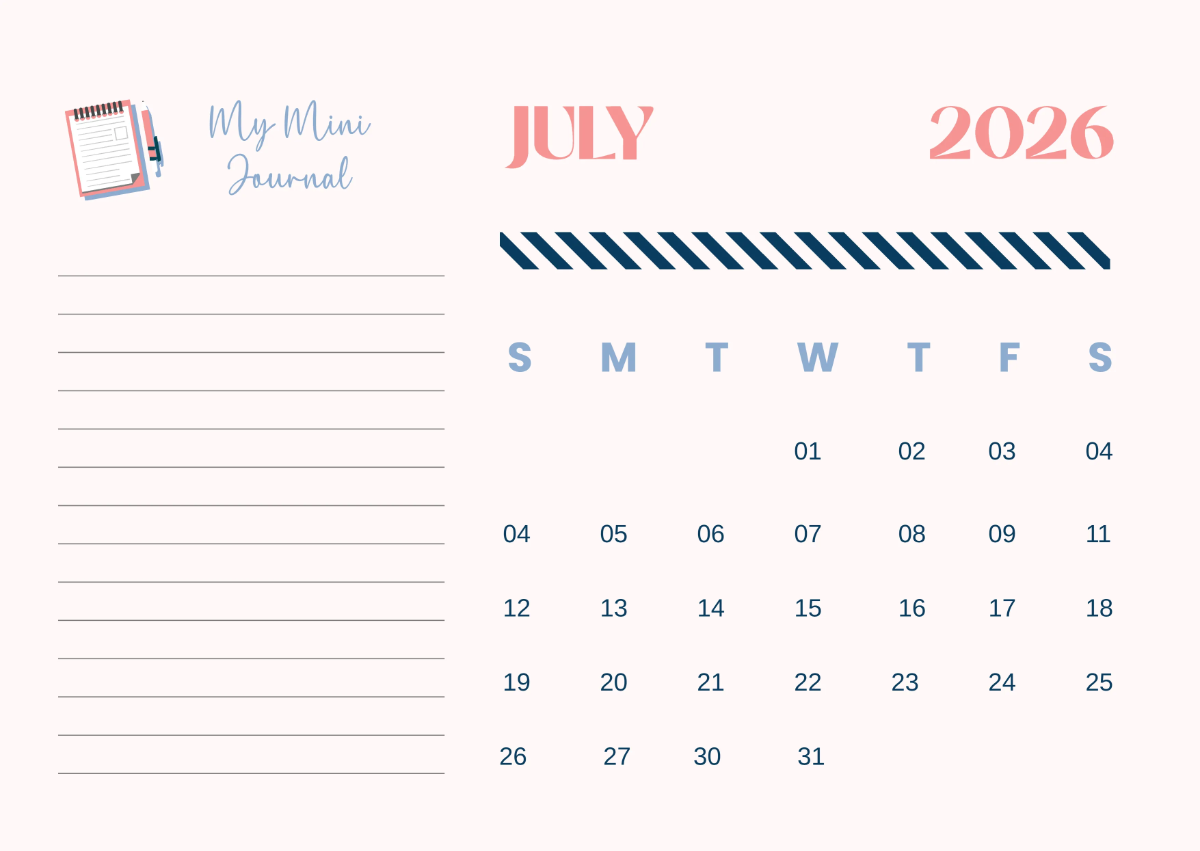 Free July 2026 Journal Calendar Template to Edit Online