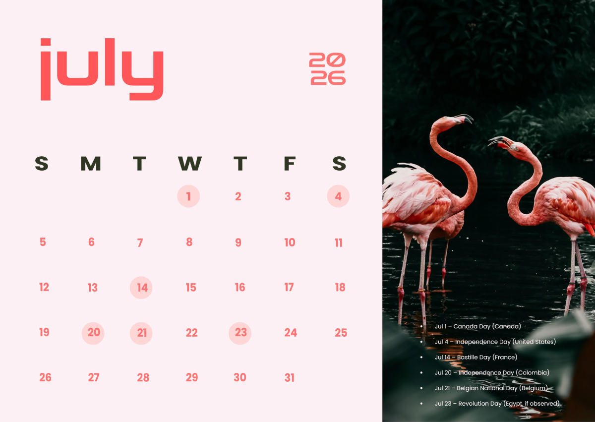 Free July 2026 Calendar with Holidays Template to Edit Online
