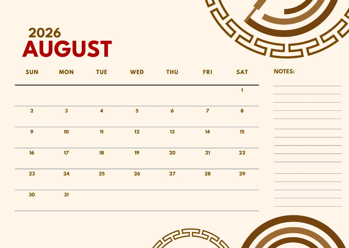 Free Classic August 2026 Calendar Template to Edit Online