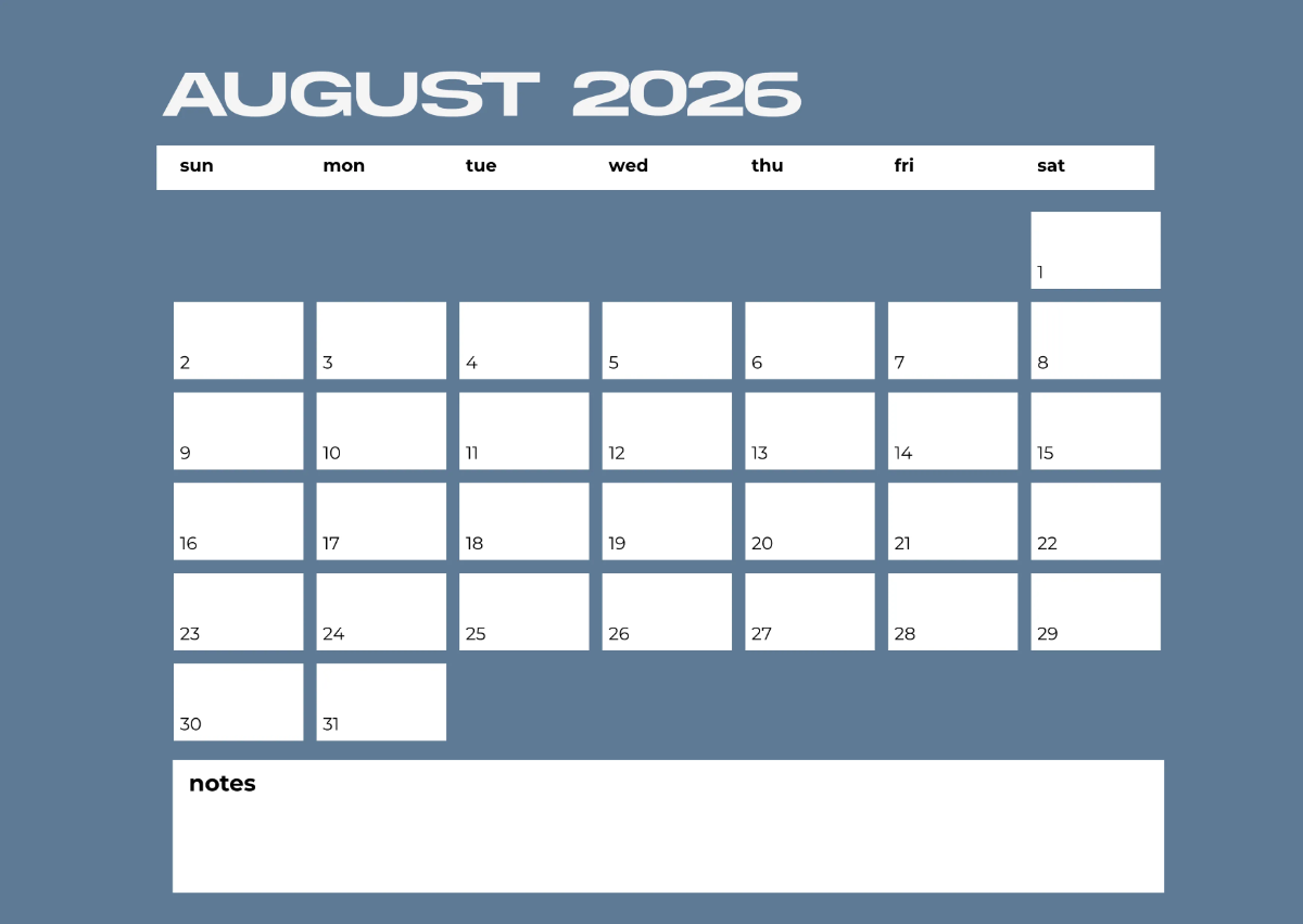 Free Simple  August 2026 Calendar Template to Edit Online