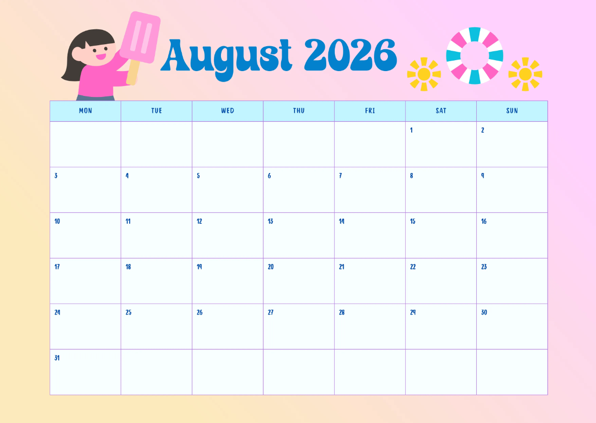 Free August 2026 Kids Calendar Template to Edit Online