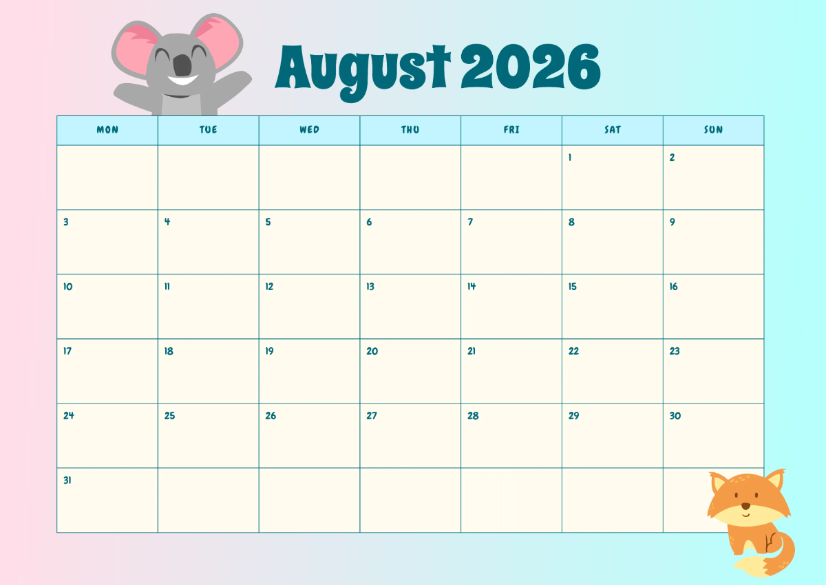 Free Cute August 2026 Calendar Template to Edit Online