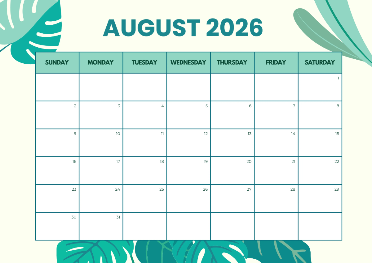 Free Tropical August 2026 Calendar Template to Edit Online