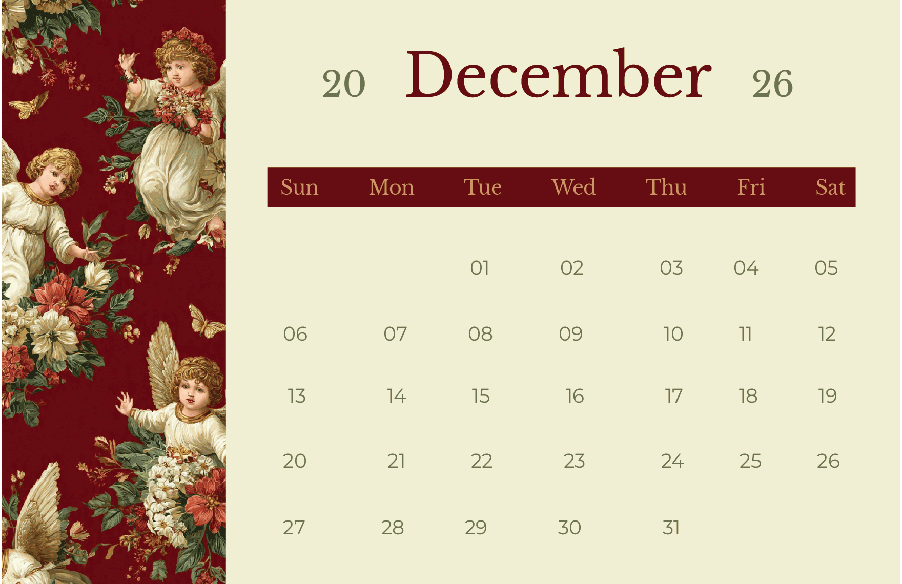 December 2026 Angels Calendar Template to Download