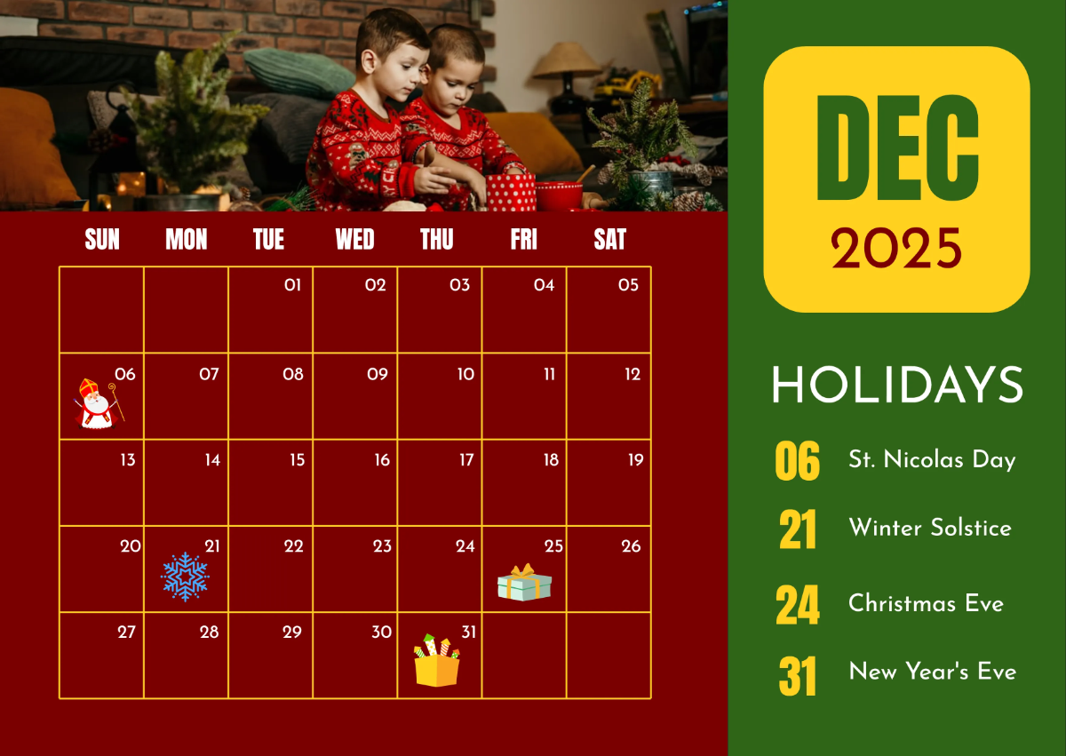 Free December 2026 Kids Calendar Template to Edit Online
