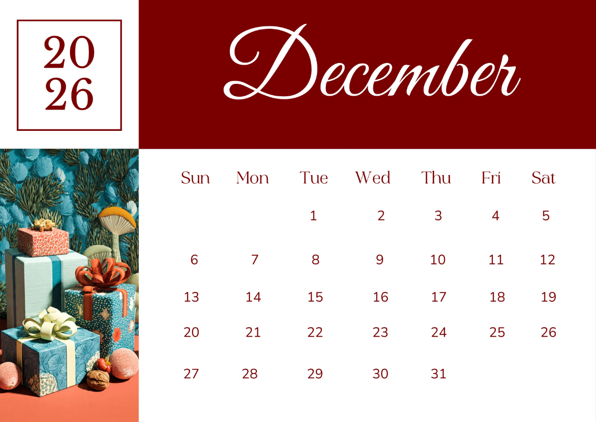 Free December 2026 Gifts Calendar Template to Edit Online