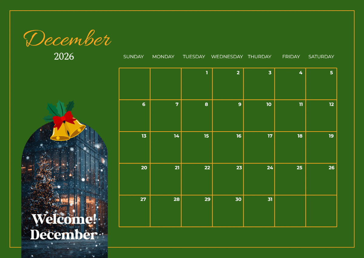 Free Welcome December 2026 Calendar Template to Edit Online