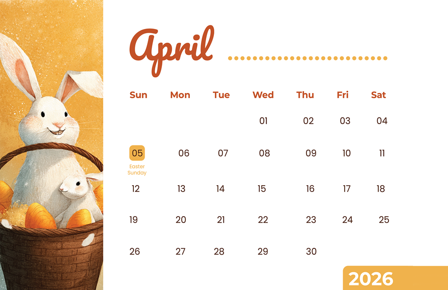 April 2026 Easter Calendar Template in PSD, Illustrator, PDF, Word to Download