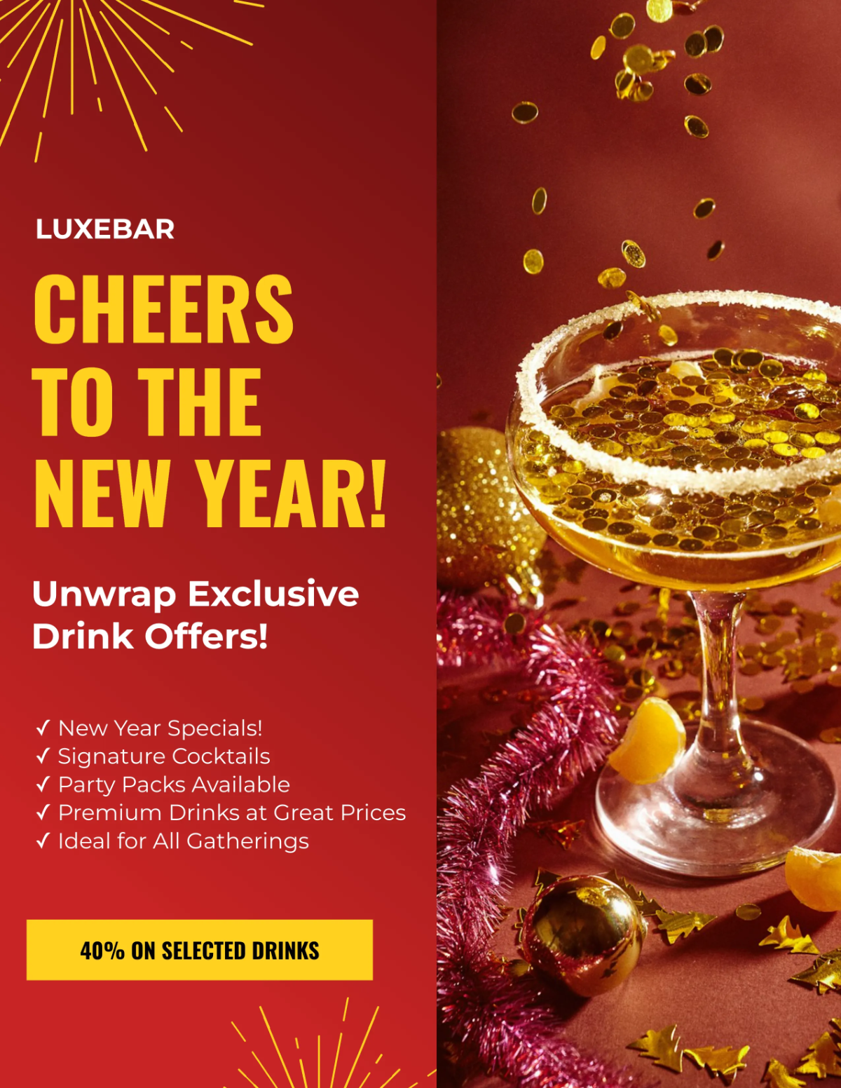 Free New Year Club Drinks Discount Flyer Template to Edit Online