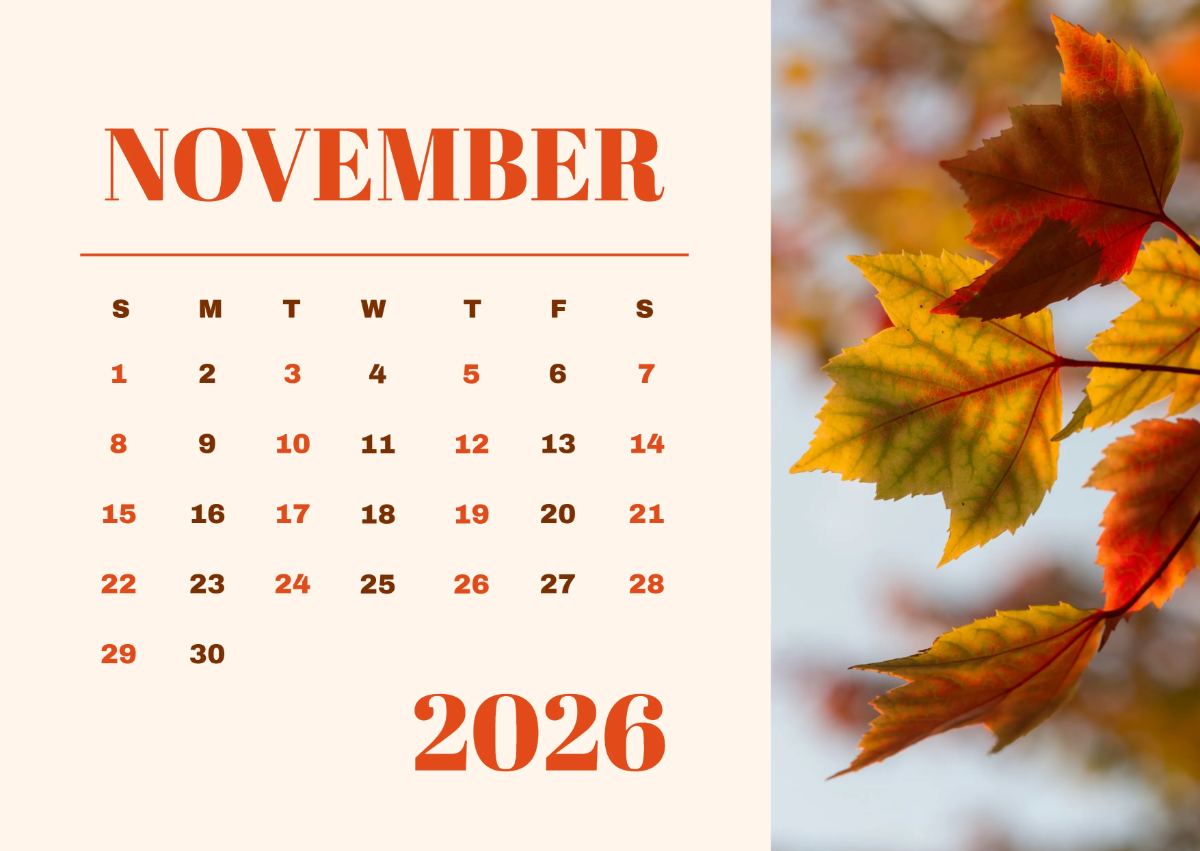 Free November 2026 Leaves Calendar Template to Edit Online
