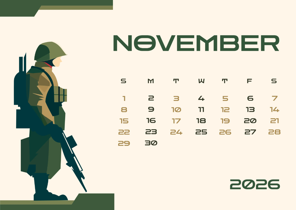Free November 2026 Military Calendar Template to Edit Online