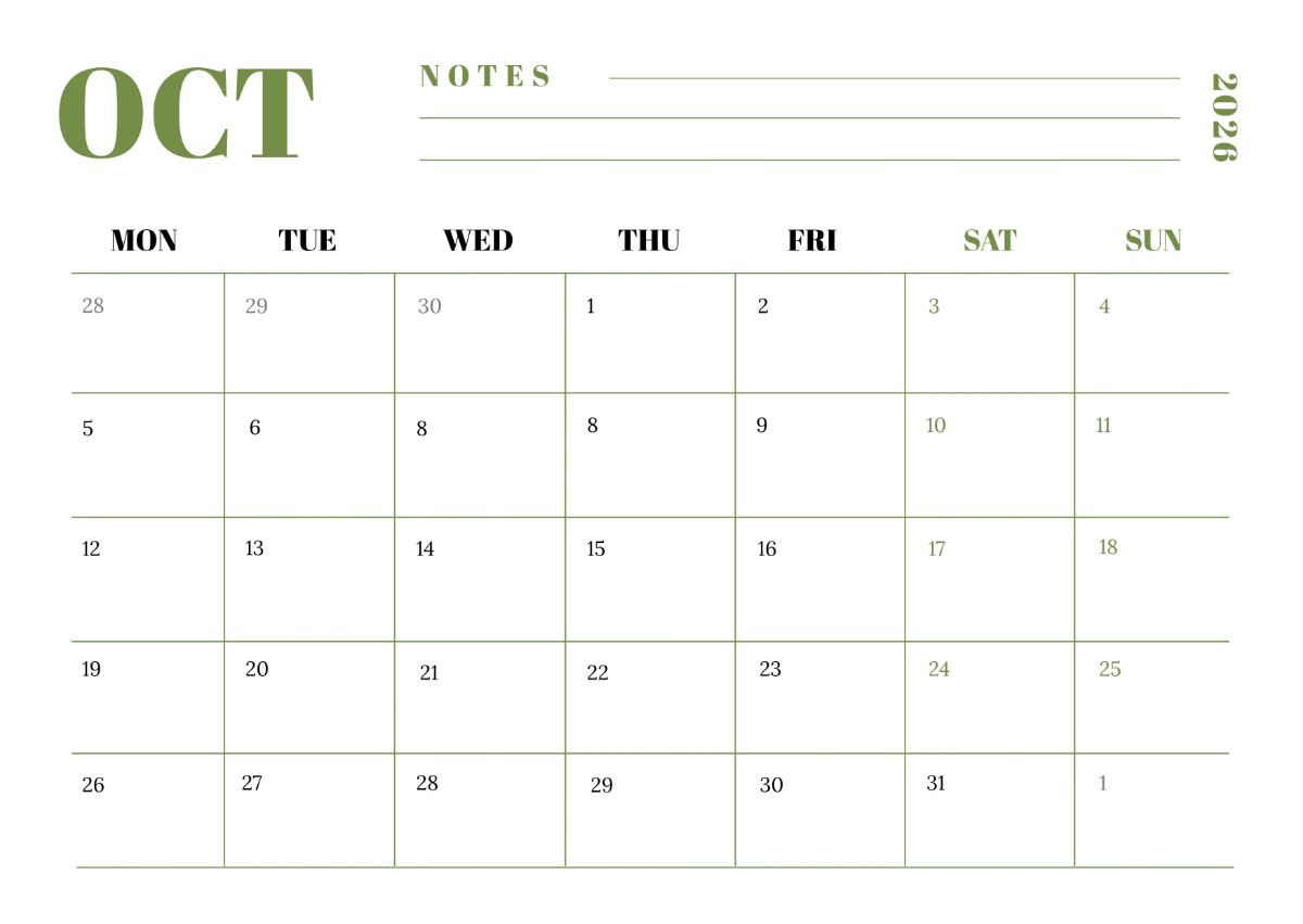 Free Neutral October 2026 Calendar Template to Edit Online