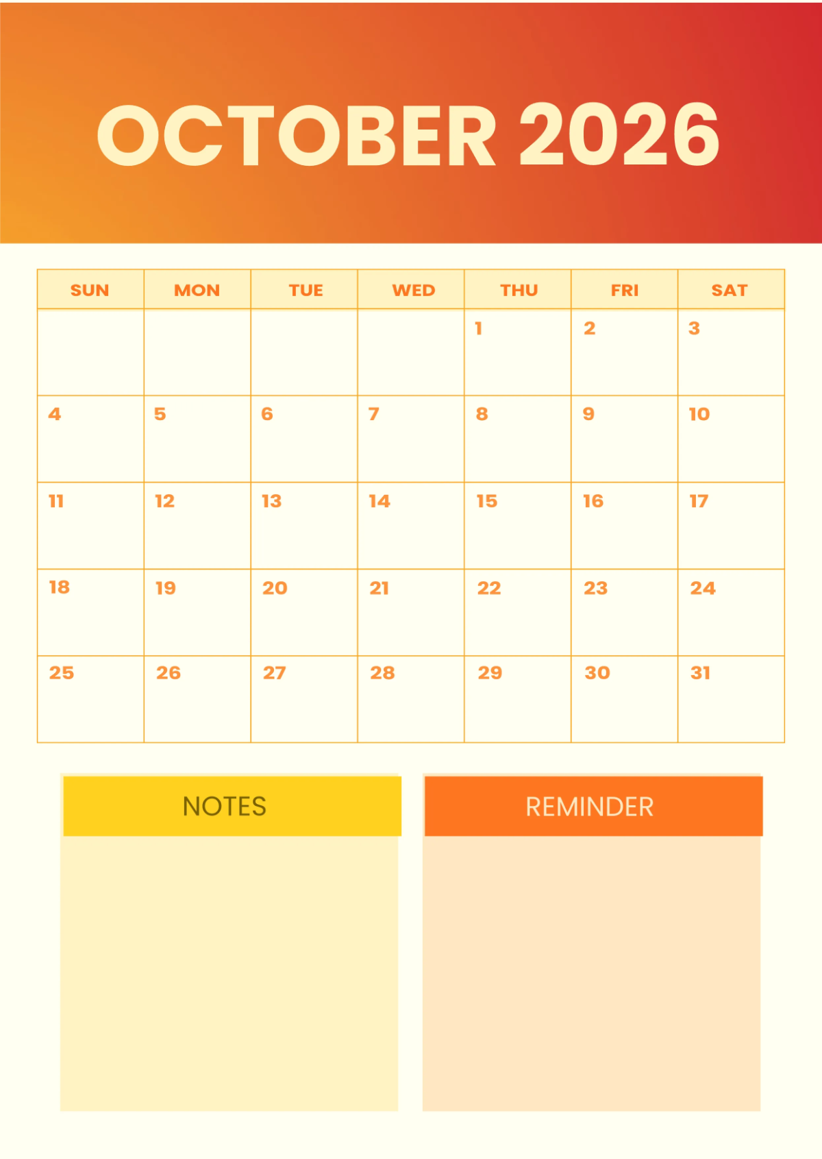 Free October 2026 Wall Calendar Template to Edit Online