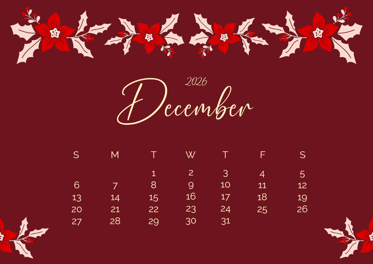 December 2026 Pointsettia Calendar Template December 2026 Pointsettia Calendar Template
