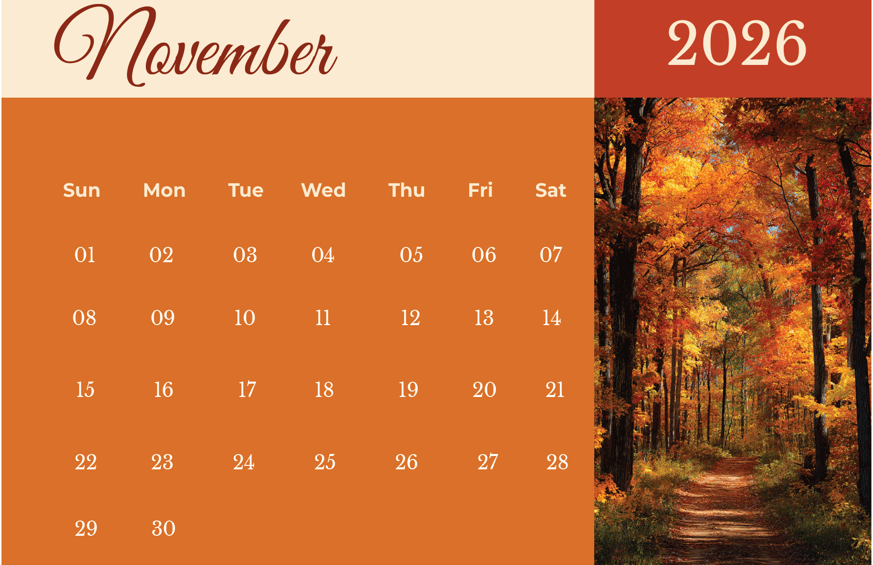 November 2026 Fall Calendar Template to Download