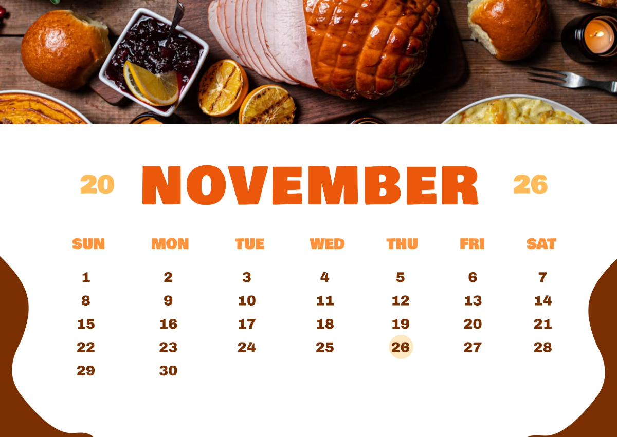 Free November 2026 Thanksgiving Calendar Template to Edit Online