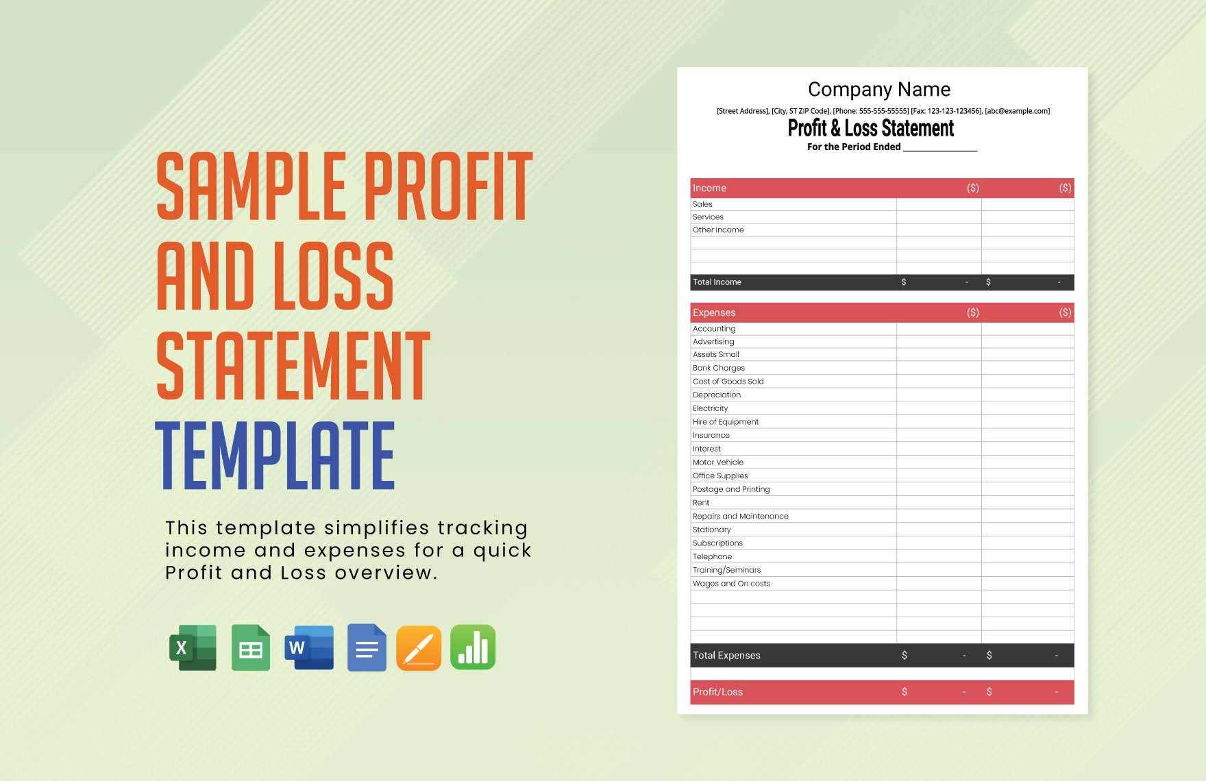 Sample Profit and Loss Statement Template
