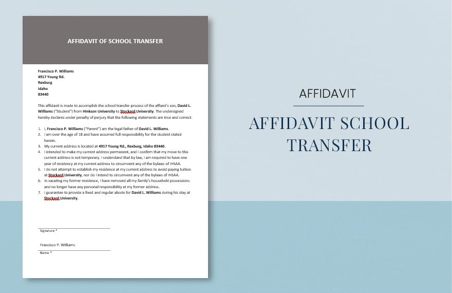 Affidavit School Transfer Template in Word, Google Docs