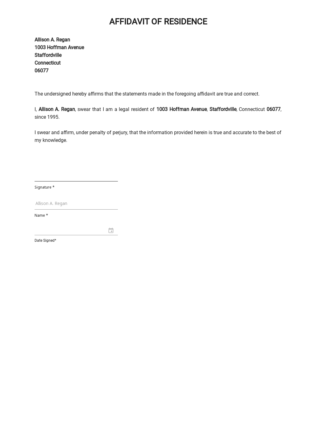 Affidavit of Residence Template in Word, Google Docs