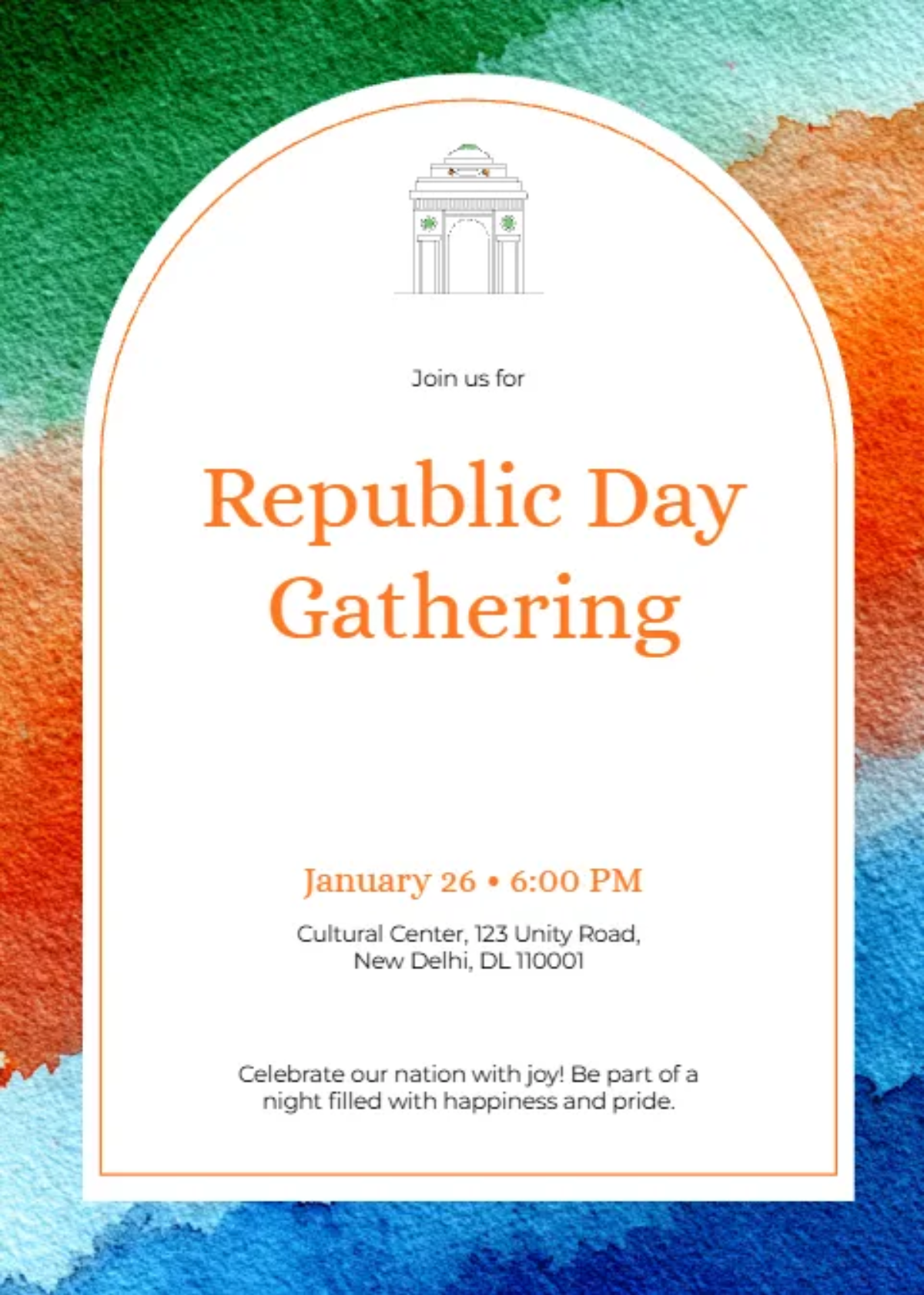 Free India Republic Day Water Color Invitation Template to Edit Online Free India Republic Day Water Color Invitation Template to Edit Online