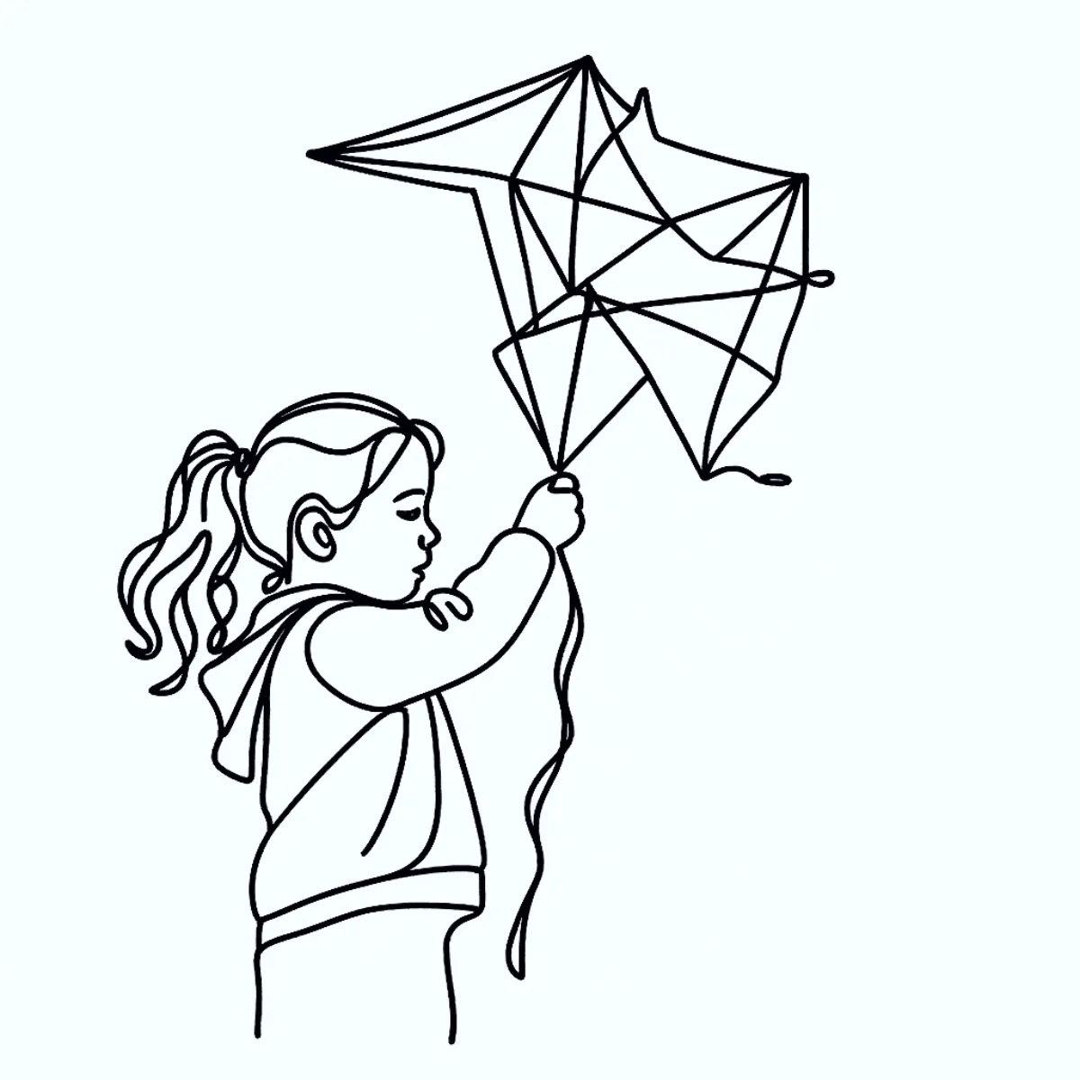 Girl Playing Kite Line Drawing Photo to Cartoon