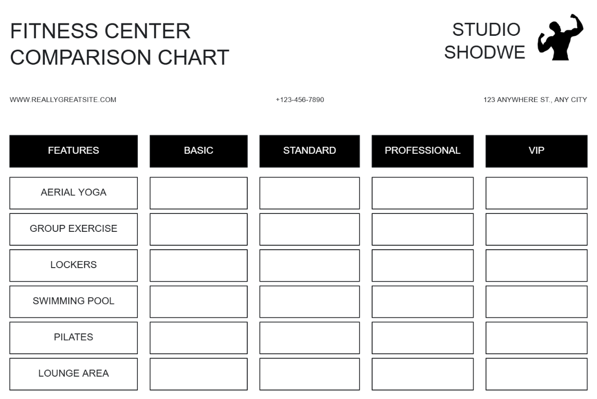 Free Black and White Minimalist Fitness Center Table Comparison Chart Graph Template to Edit Online