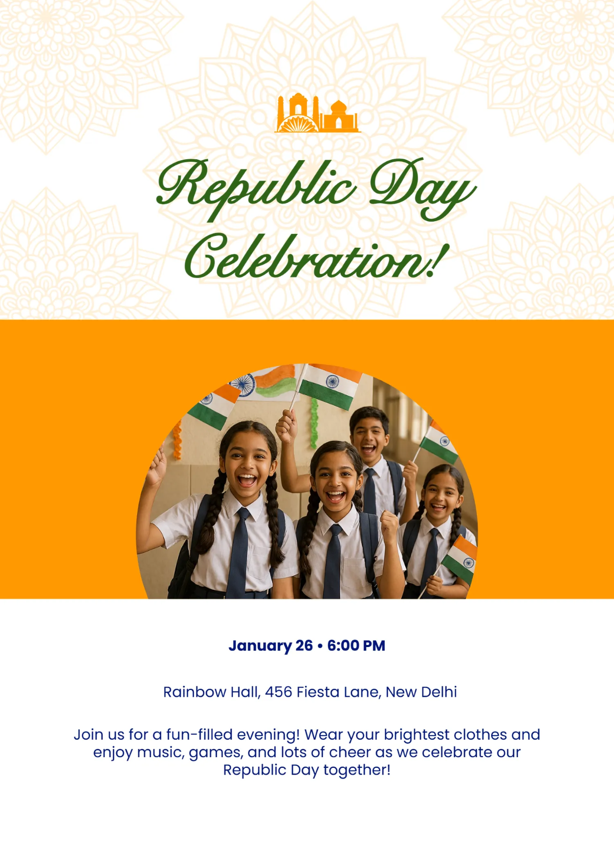 Free India Republic Day Kids Invitation Template to Edit Online