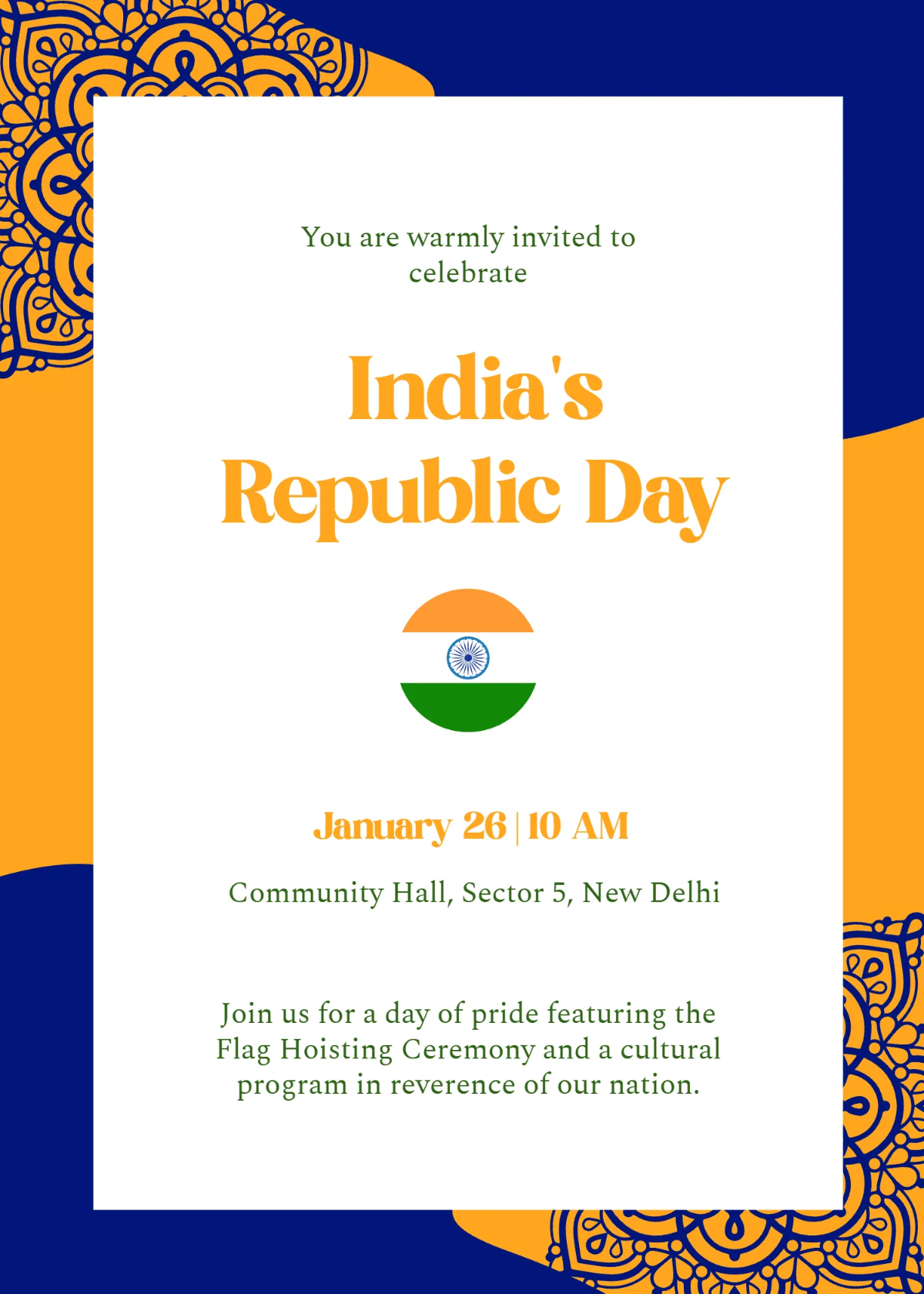 Free India Republic Day Formal Invitation Template to Edit Online