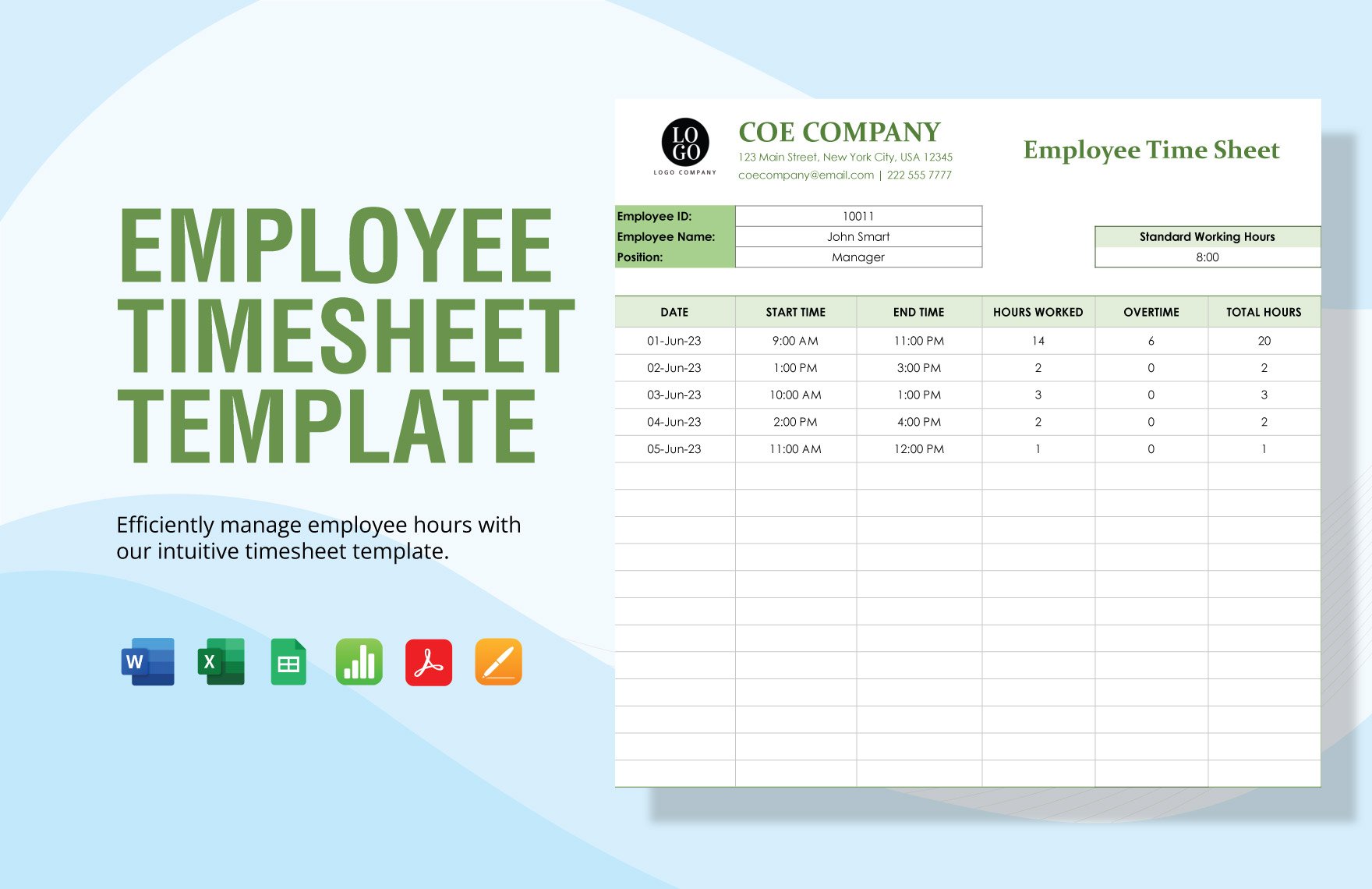 Employee  Timesheet  Template in Word, Excel, PDF, Google Sheets, Apple Pages, Apple Numbers