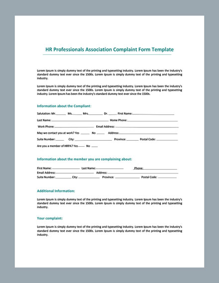 HR Professionals Association Complaint Form Template
