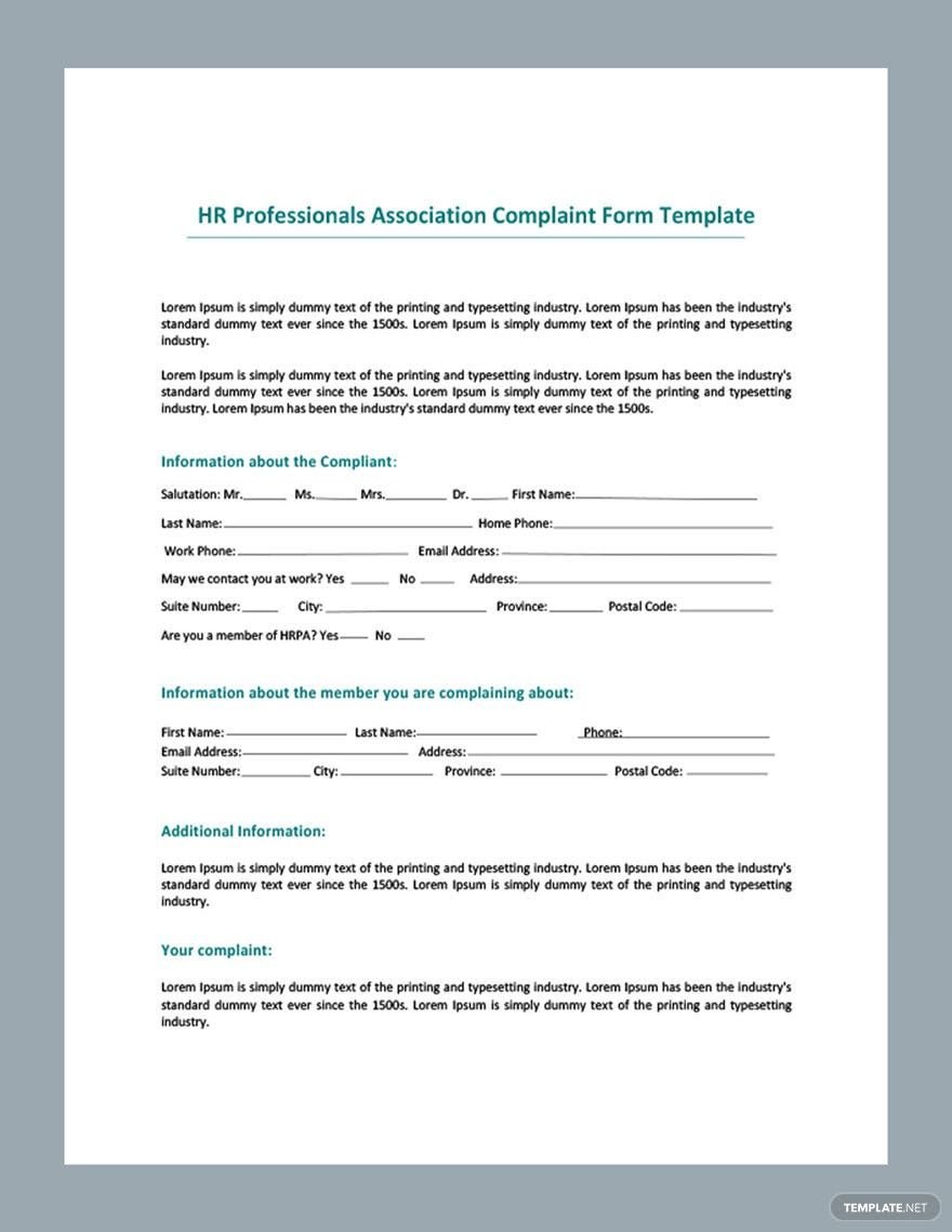 Free HR Professionals Association Complaint Form Template