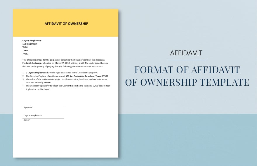 Format of Affidavit of Ownership Template in Word, Google Docs