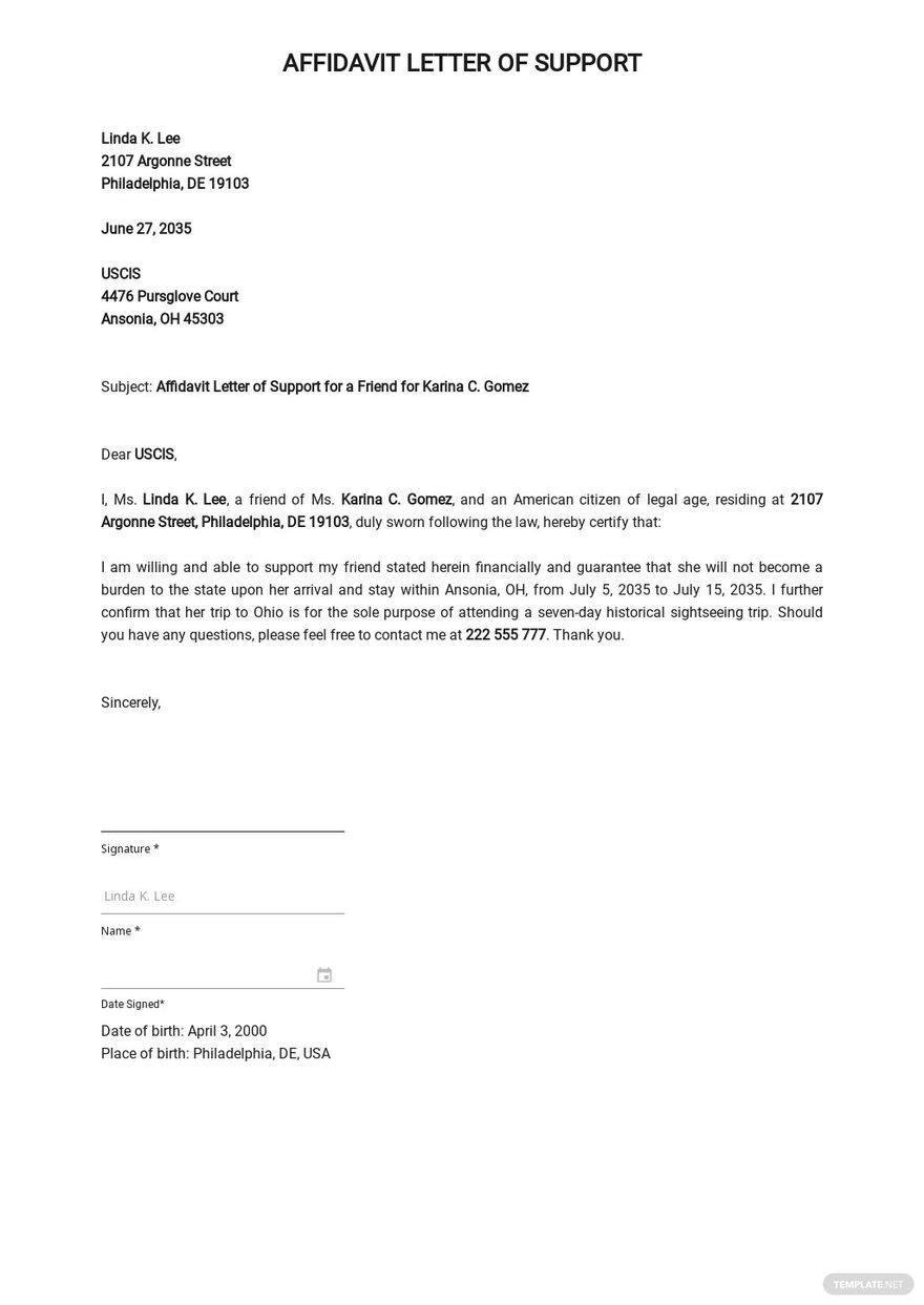 Affidavit of Support for a Friend Template [Free PDF] - Word | Google Docs