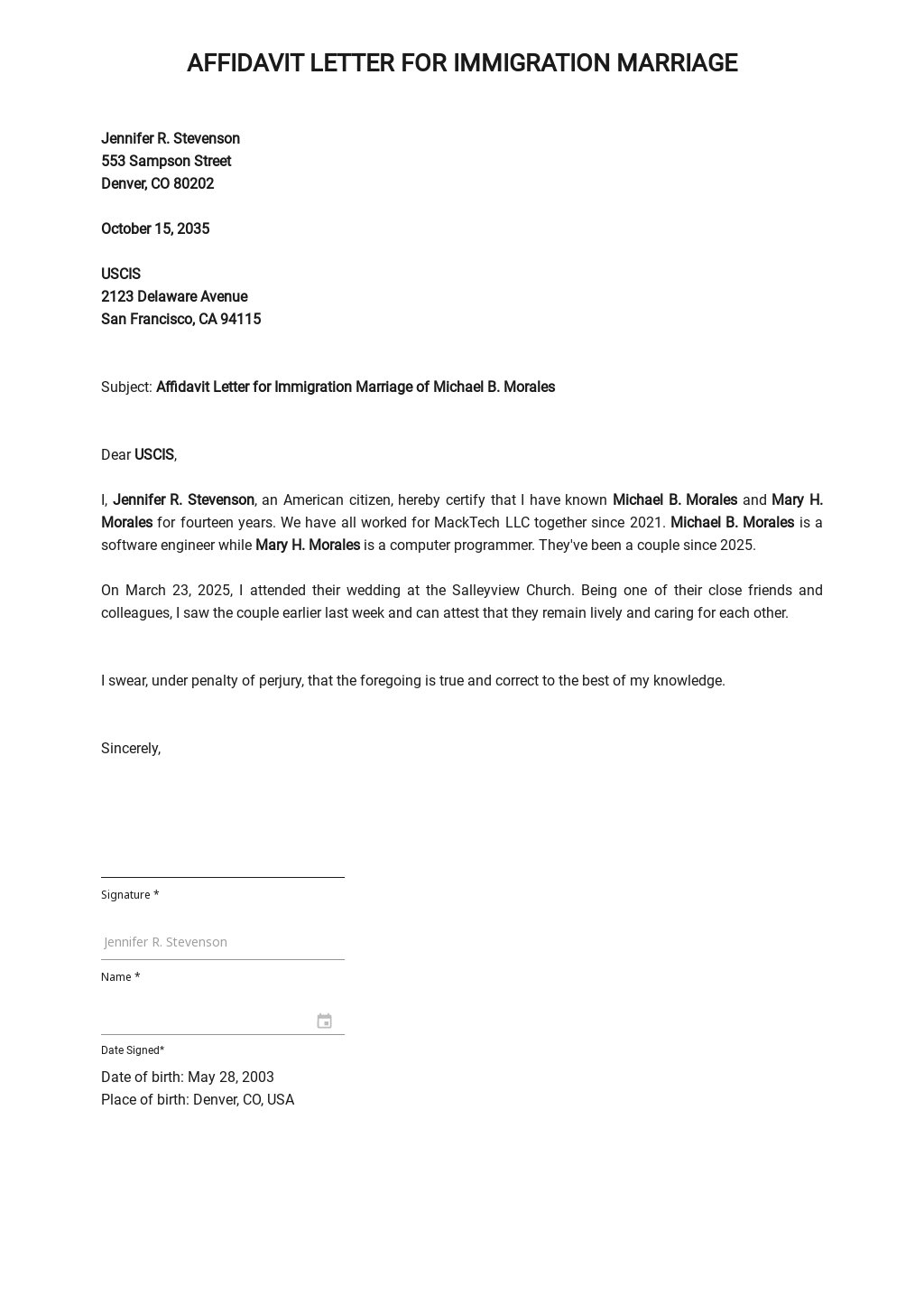 Affidavit Sample Letter For Immigration Hq Printable Documents Online