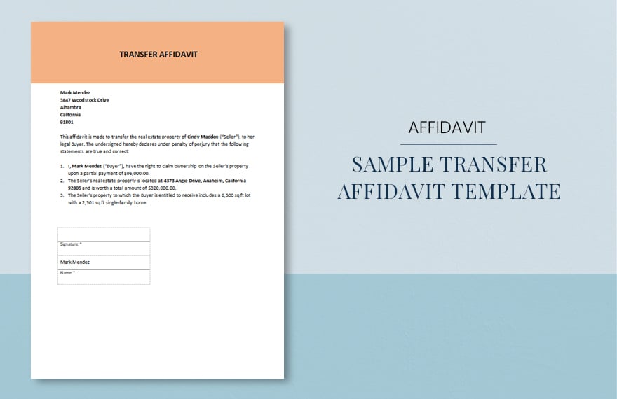 Sample Transfer Affidavit Template in Word, Google Docs
