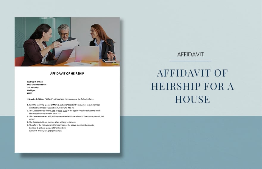 Affidavit of Heirship for a House Template in Word, Google Docs, Apple Pages