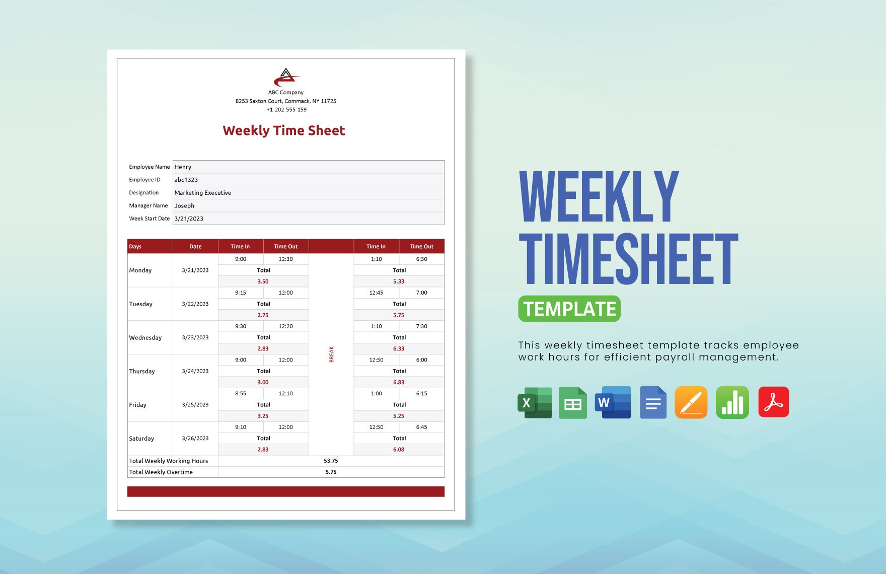Weekly Timesheet Template in Word, Excel, PDF, Apple Pages, Apple Numbers