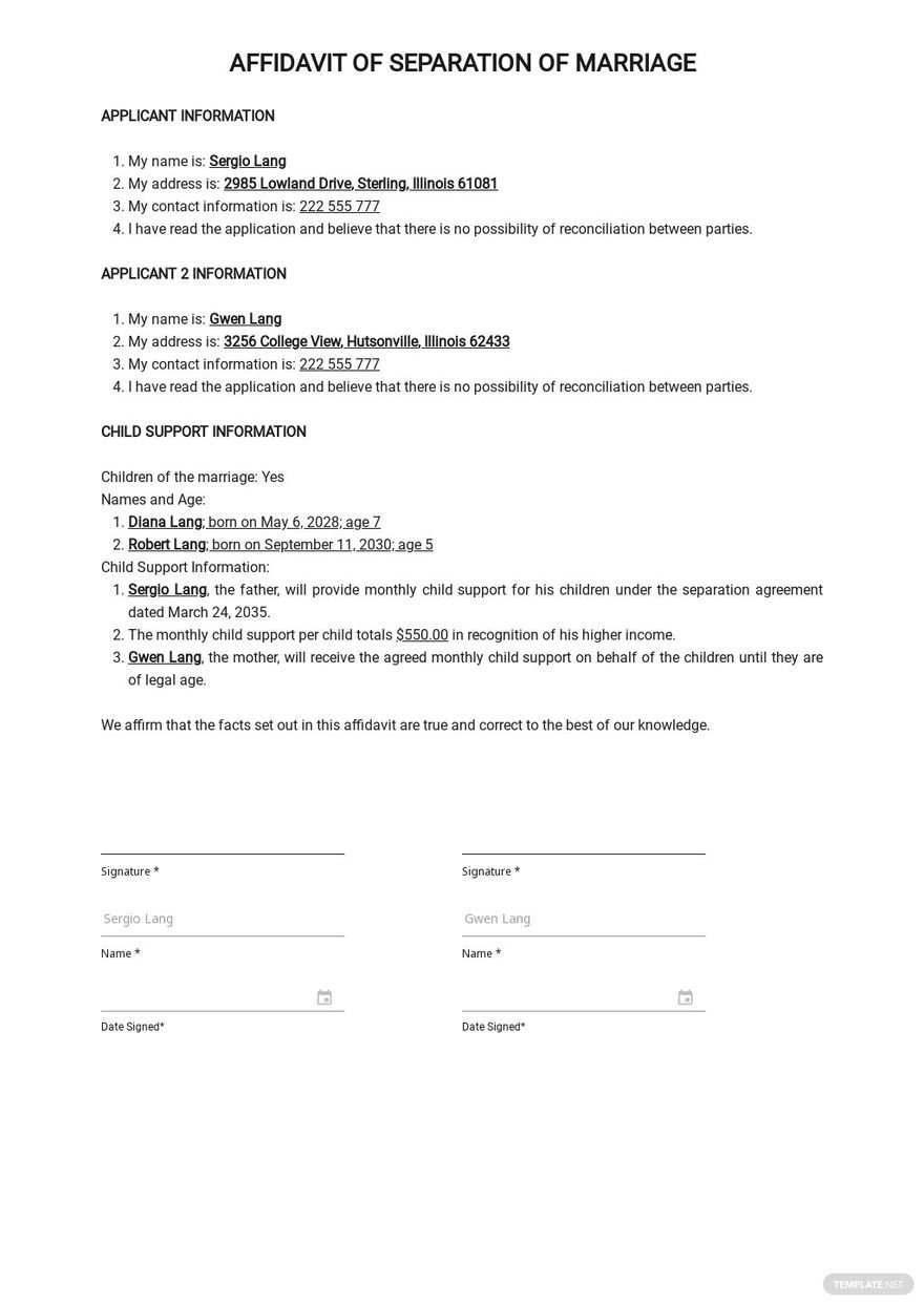 Affidavit of Separation of Marriage Template