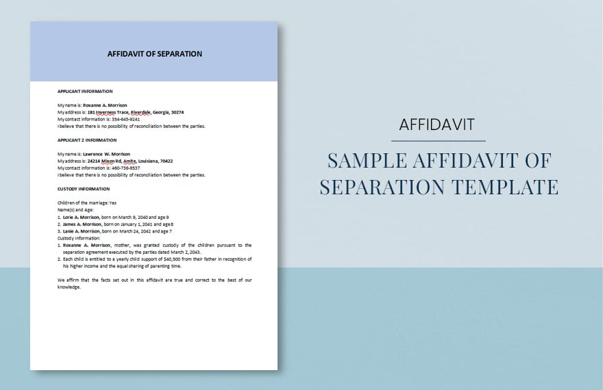 Free Sample Affidavit of Separation Template in Word, Google Docs