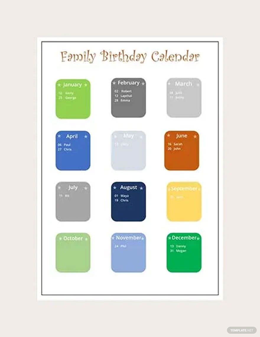 Family Birthday Calendar in Word, Google Docs, PDF, Apple Pages
