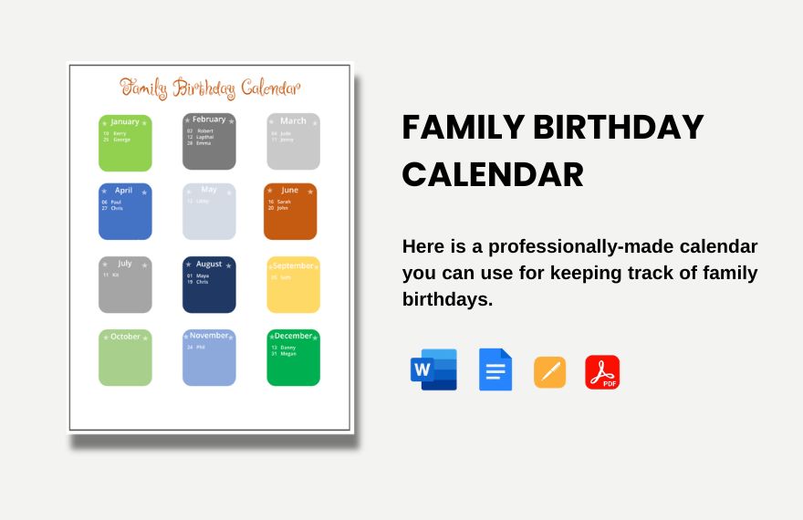Family Birthday Calendar in Word, Google Docs, Apple Pages, PDF to Download