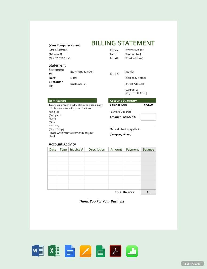 Billing Statement  in Word, Google Docs, Excel, PDF, Google Sheets, Apple Pages, Apple Numbers